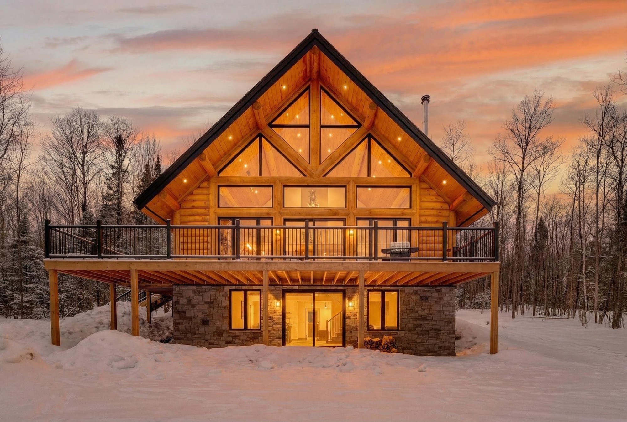 Chalet exterior at twilight