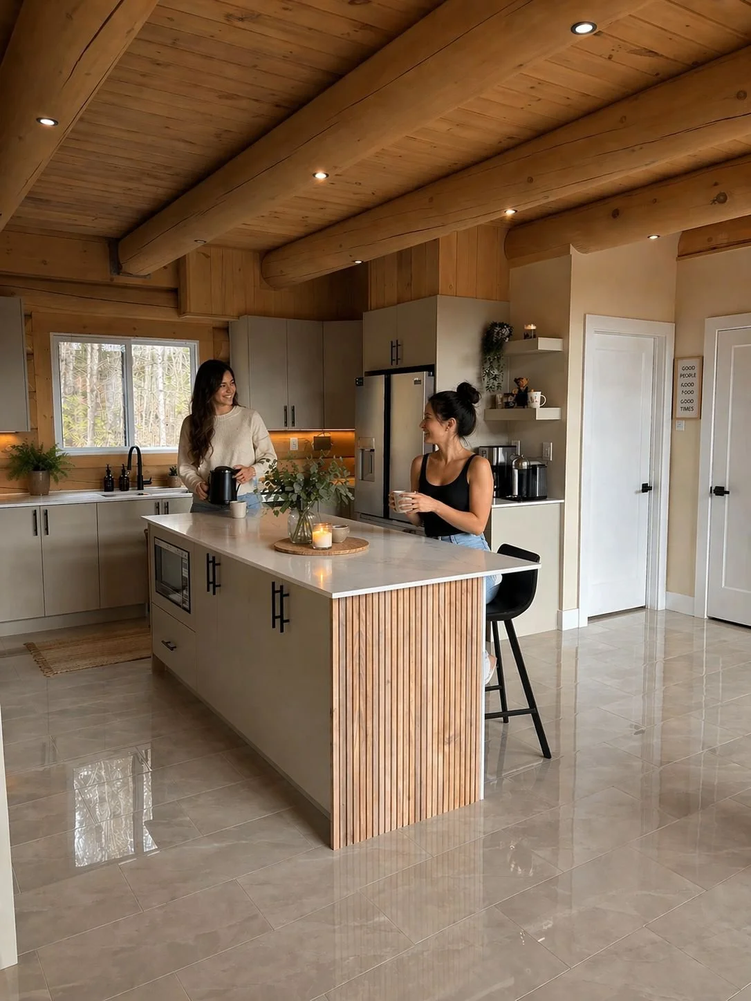 Two guests chatting over coffee at the kitchen island
