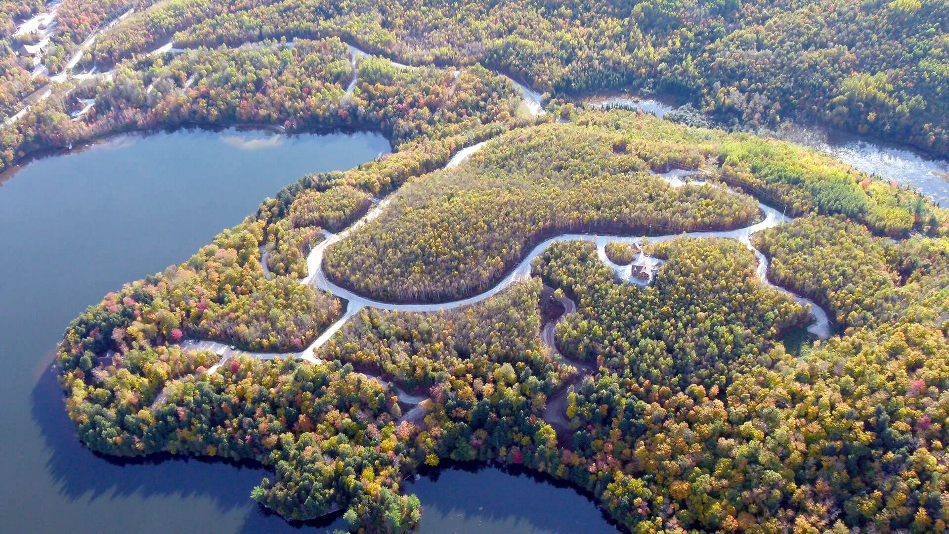 Aerial view of estate lakes ringed by autumn forest